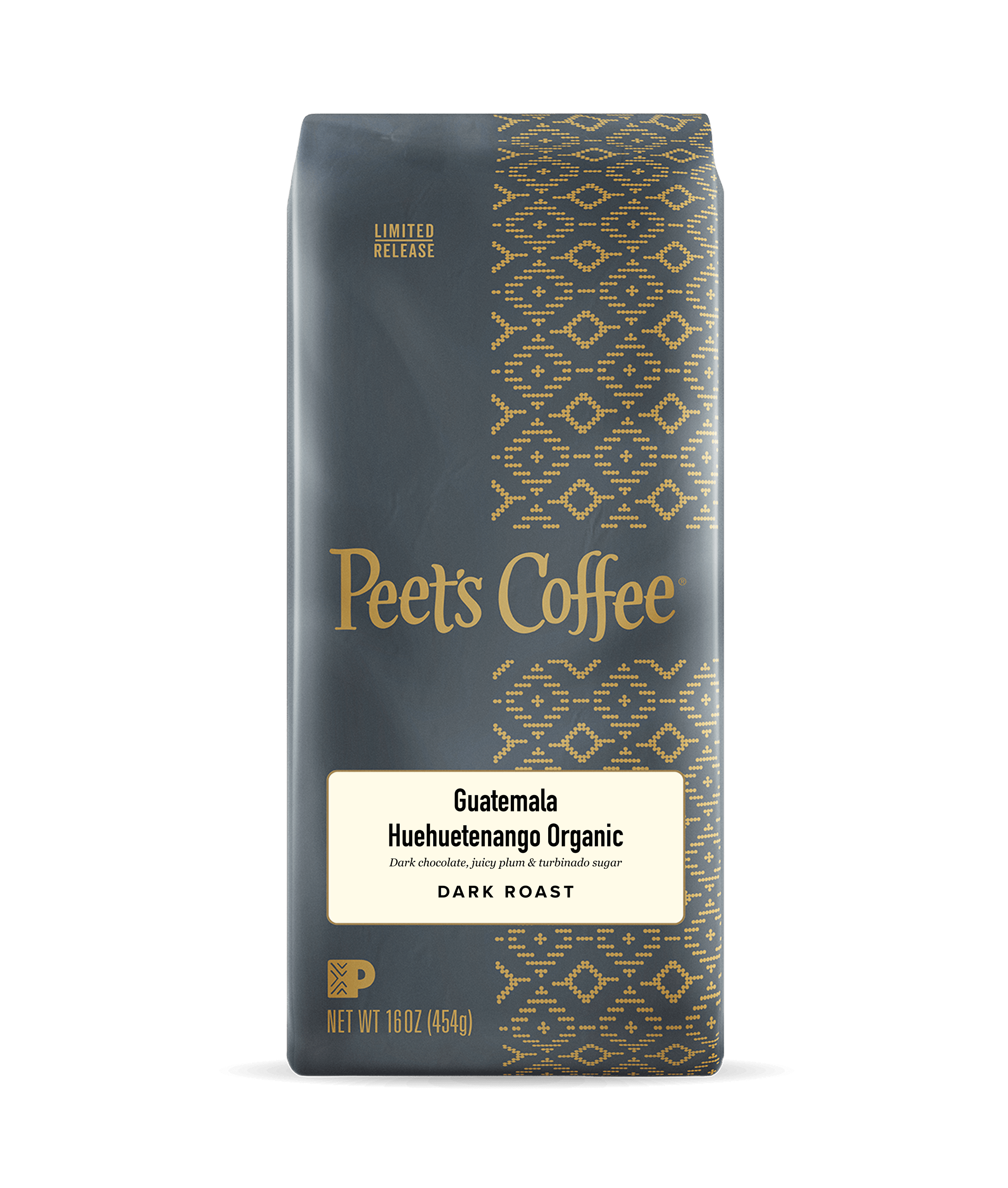 Peet's Coffee Guatemala Huehuetenango Organic coffee package on a black background